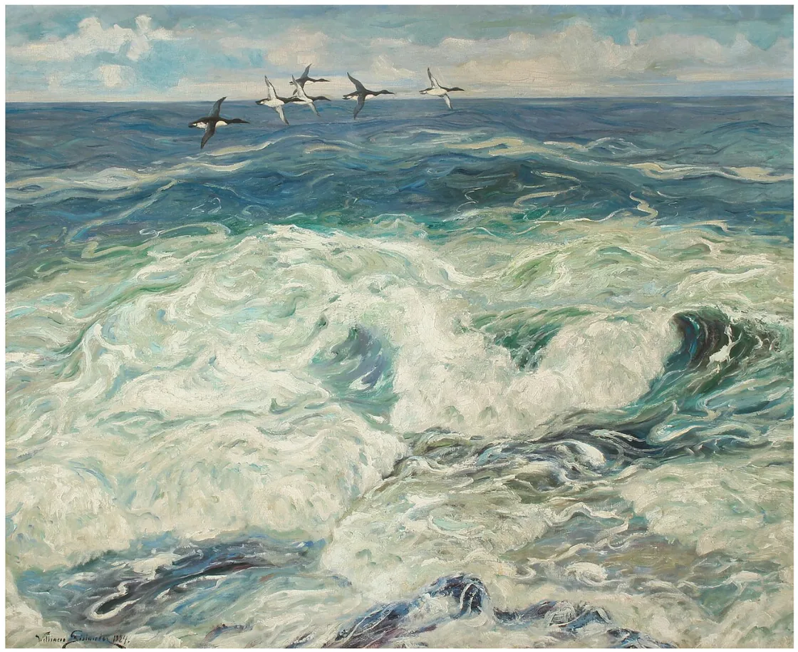 Painting by William Gislander showing guillemots flying over a turbulent sea